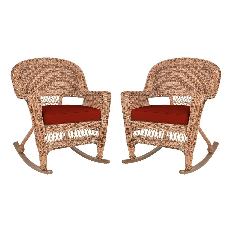 Pemberly Row Wicker Rocker Chair in Honey with Red Cushion (Set of 2)