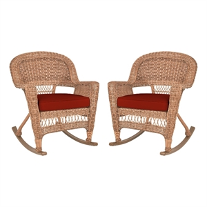 Pemberly Row Wicker Rocker Chair in Honey with Red Cushion (Set of 2)