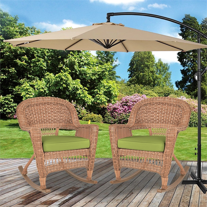 Pemberly Row Wicker Rocker Chair in Honey with Green Cushion (Set of 2)