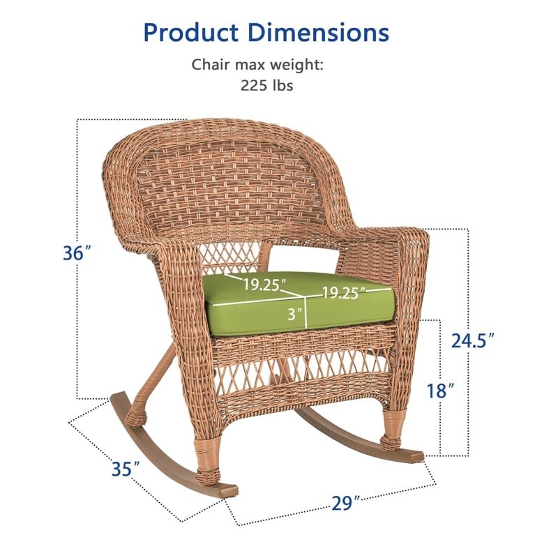 Pemberly Row Wicker Rocker Chair in Honey with Green Cushion (Set of 2)