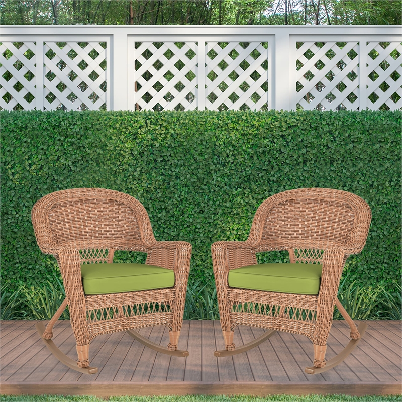 Pemberly Row Wicker Rocker Chair in Honey with Green Cushion (Set of 2)