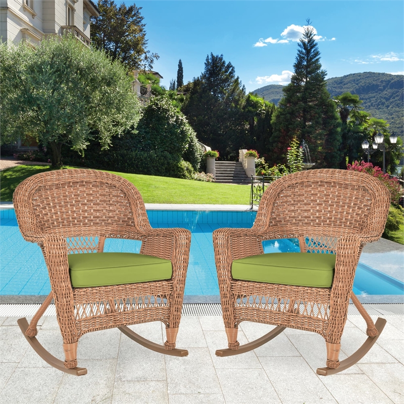 Pemberly Row Wicker Rocker Chair in Honey with Green Cushion (Set of 2)