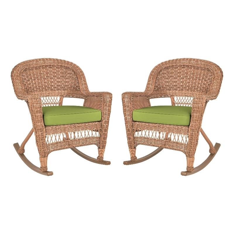 Pemberly Row Wicker Rocker Chair in Honey with Green Cushion (Set of 2)