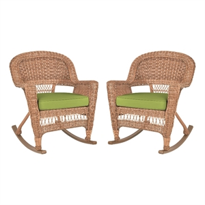 Pemberly Row Wicker Rocker Chair in Honey with Green Cushion (Set of 2)