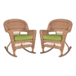 Pemberly Row Wicker Rocker Chair in Honey with Green Cushion (Set of 2)