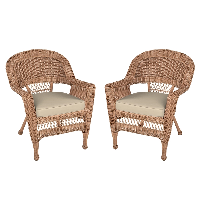 Pemberly Row Wicker Chair in Black with Tan Cushion (Set of 2)