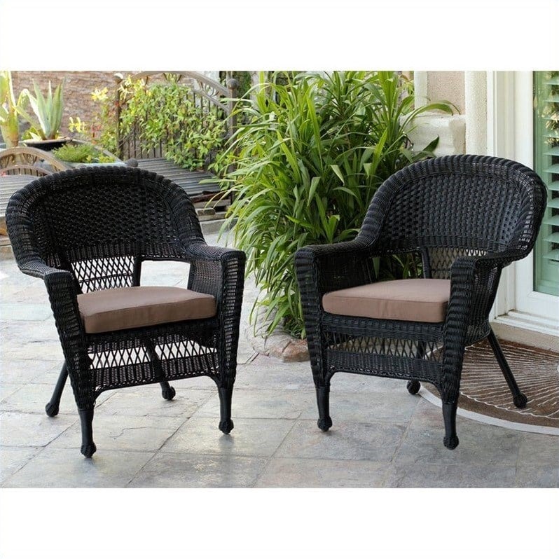 Pemberly Row Wicker Chair in Black with Brown Cushion (Set of 2)