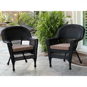 Pemberly Row Wicker Chair in Black with Brown Cushion (Set of 2)