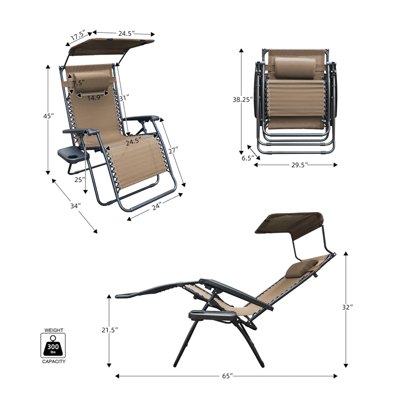 Pemberly Row Oversized Zero Gravity Chair with Sunshade in Tan
