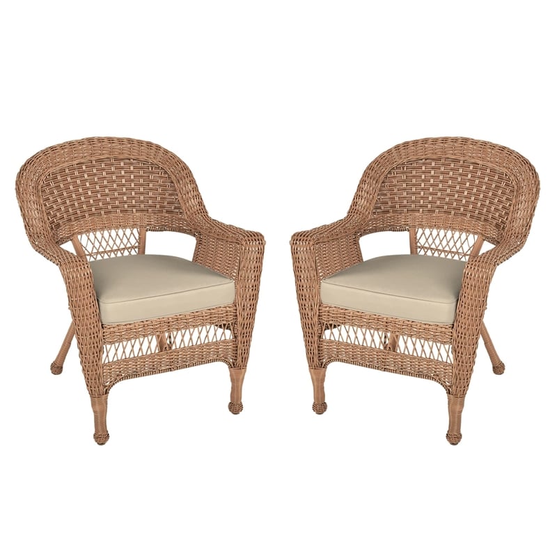 Pemberly Row Wicker Chair in Espresso with Tan Cushion (Set of 2)