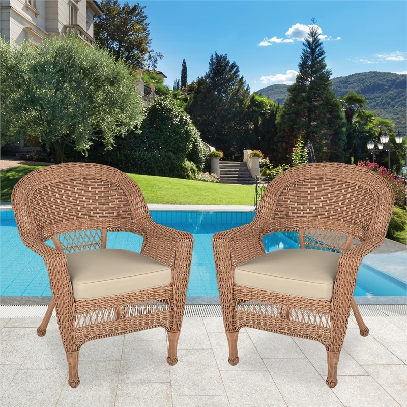 Pemberly Row Wicker Chair in Espresso with Tan Cushion (Set of 2)