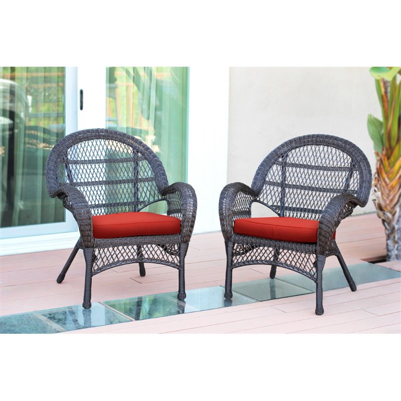 Pemberly Row Wicker Chair in Espresso with Red Cushion (Set of 2)