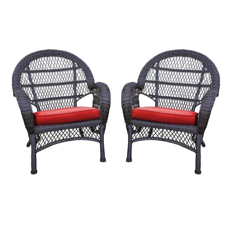 Pemberly Row Wicker Chair in Espresso with Red Cushion (Set of 2)