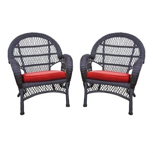 Pemberly Row Wicker Chair in Espresso with Red Cushion (Set of 2)