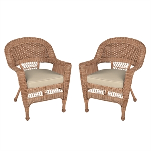 Pemberly Row Wicker Chair in White with Tan Cushion (Set of 2)