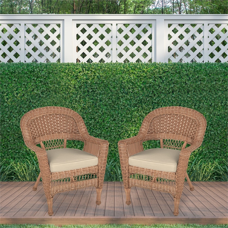 Pemberly Row Wicker Chair in White with Tan Cushion (Set of 2)