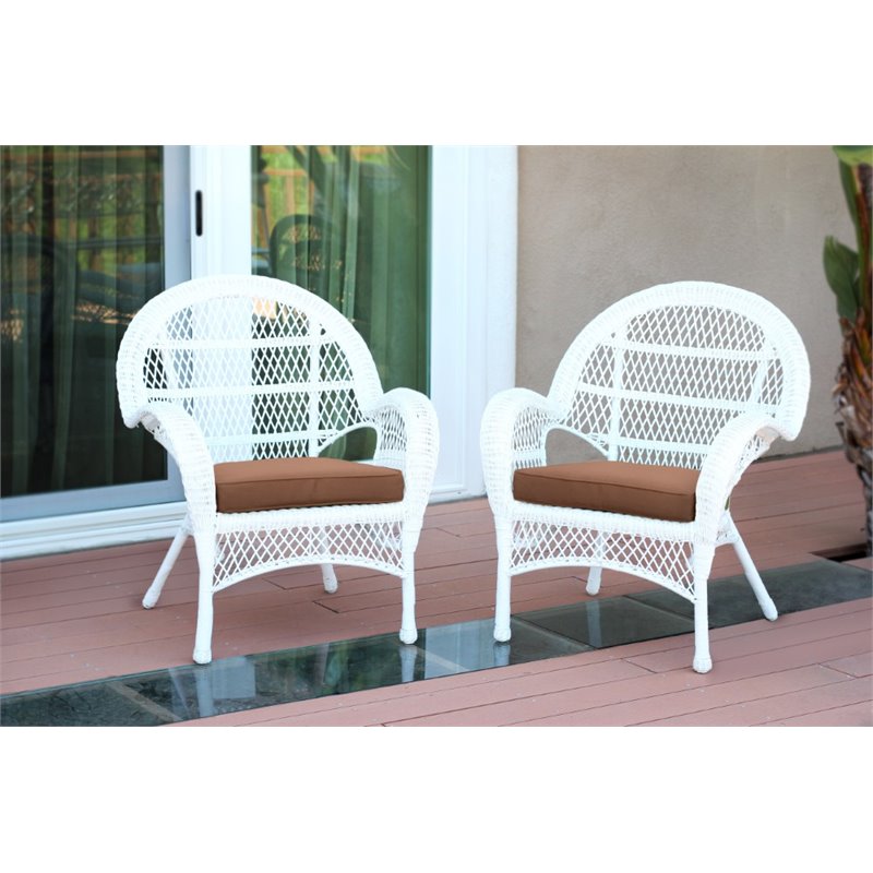 Pemberly Row Wicker Chair in White with Brown Cushion (Set of 2)