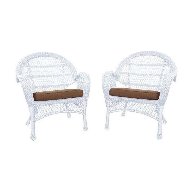 Pemberly Row Wicker Chair in White with Brown Cushion (Set of 2)