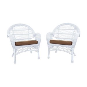 Pemberly Row Wicker Chair in White with Brown Cushion (Set of 2)