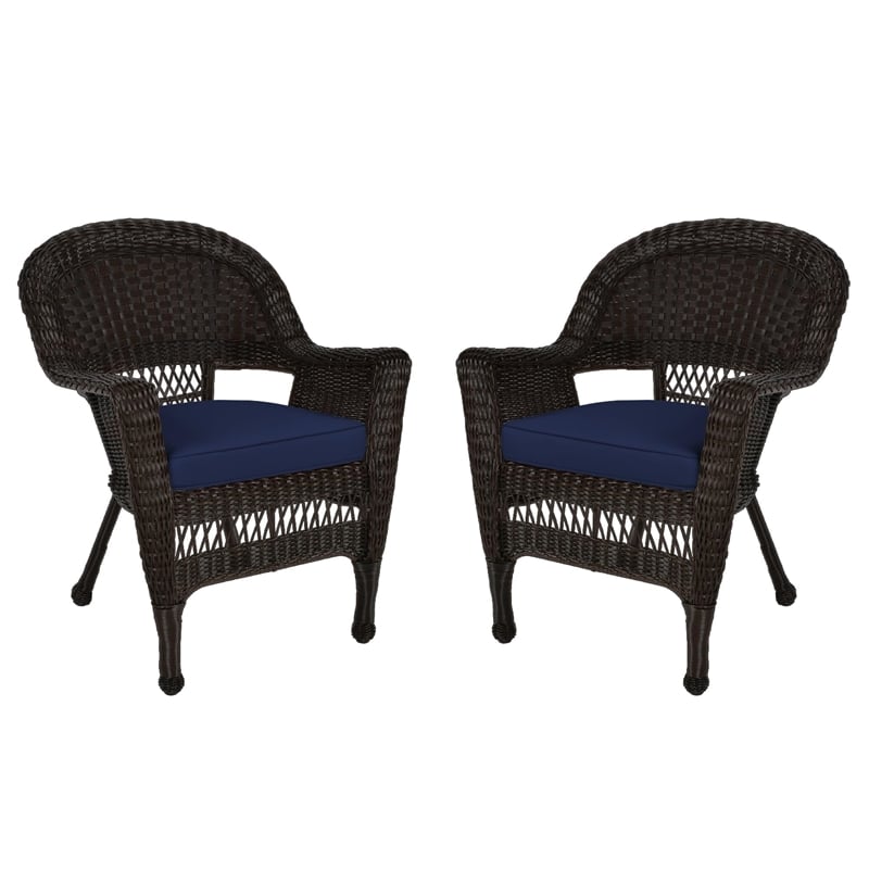 Pemberly Row Wicker Chair in White with Blue Cushion (Set of 2)