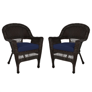 Pemberly Row Wicker Chair in White with Blue Cushion (Set of 2)