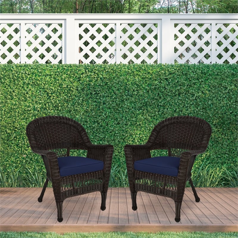 Pemberly Row Wicker Chair in White with Blue Cushion (Set of 2)