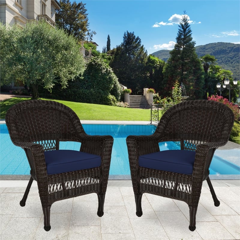 Pemberly Row Wicker Chair in White with Blue Cushion (Set of 2)