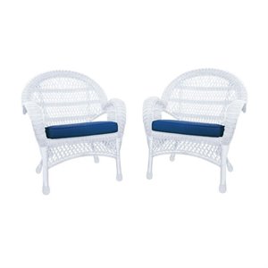 Pemberly Row Wicker Chair in White with Blue Cushion (Set of 2)