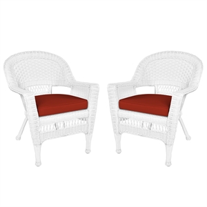 Pemberly Row Wicker Chair in White with Red Cushion (Set of 2)