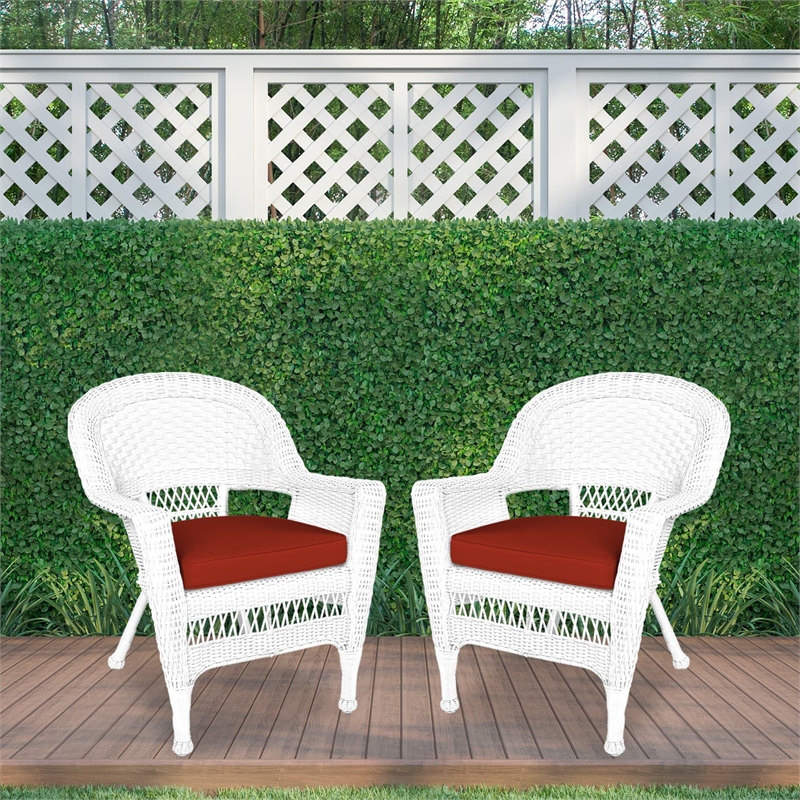 Pemberly Row Wicker Chair in White with Red Cushion (Set of 2)