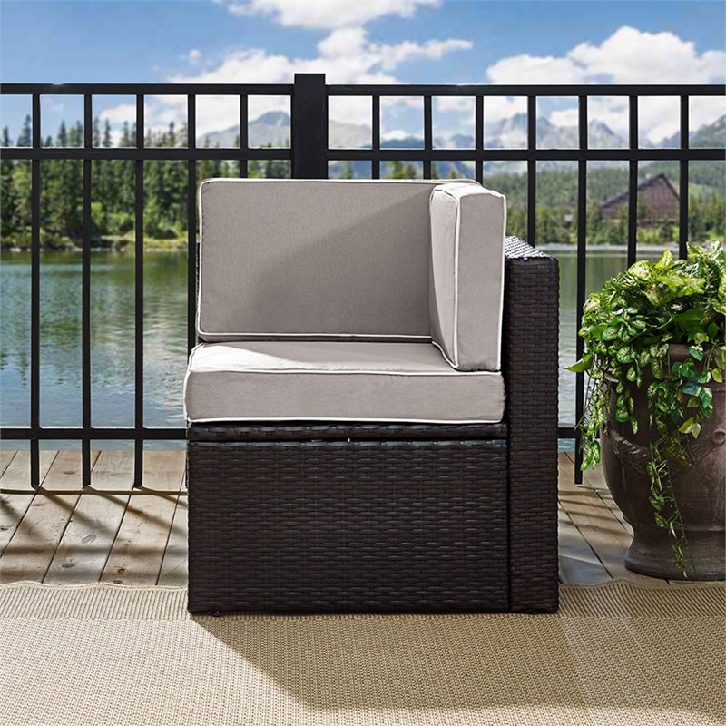 Pemberly Row Coastal Wicker Corner Patio Chair in Brown and Gray