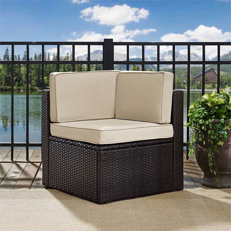Pemberly Row Coastal Wicker Corner Patio Chair in Brown and Sand
