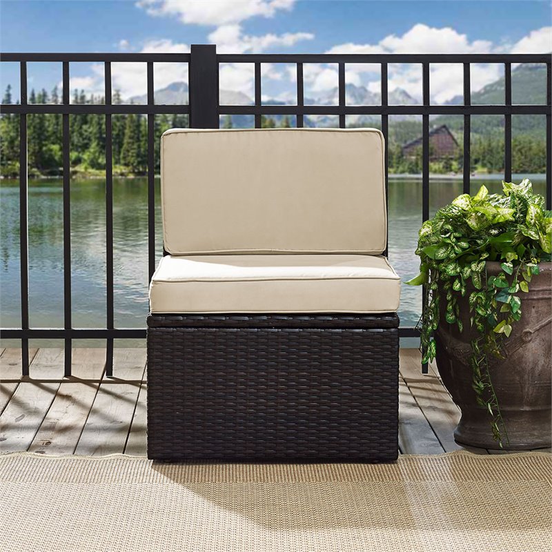 Pemberly Row Coastal Wicker Armless Patio Chair in Brown and Sand