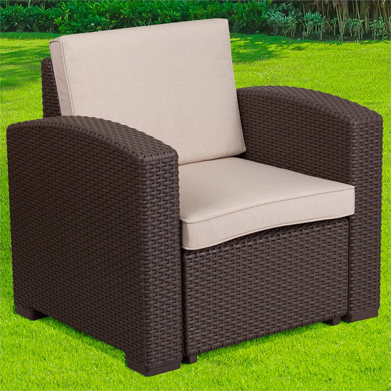 Pemberly Row Wicker Patio Chair in Chocolate Brown and Beige