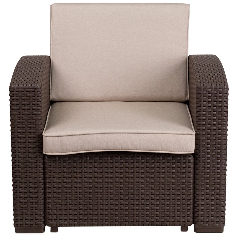 Pemberly Row Wicker Patio Chair in Chocolate Brown and Beige
