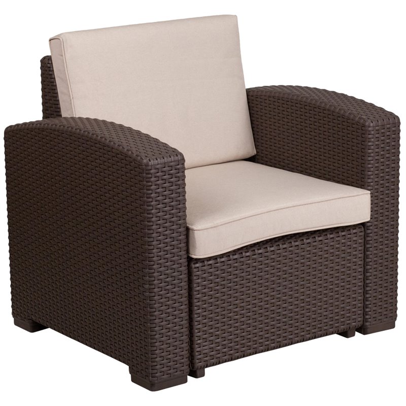 Pemberly Row Wicker Patio Chair in Chocolate Brown and Beige