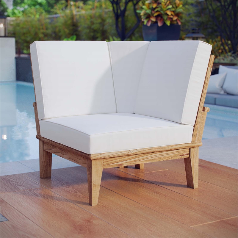 Pemberly Row Modern Wood Outdoor Teak Corner Chair in Natural/White