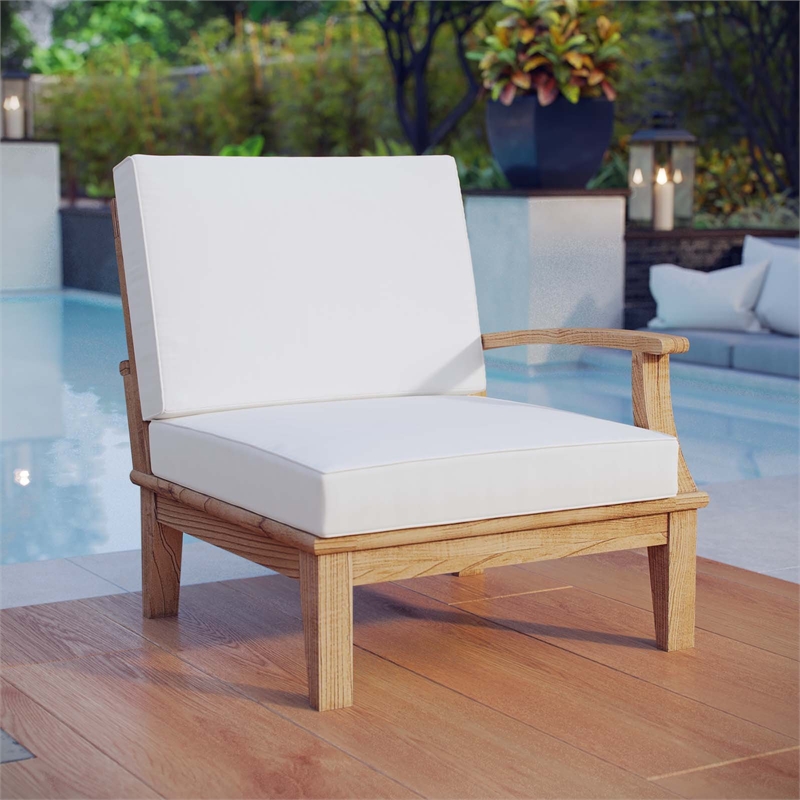 Pemberly Row Wood Outdoor Teak Right-Facing Chair in Natural/White