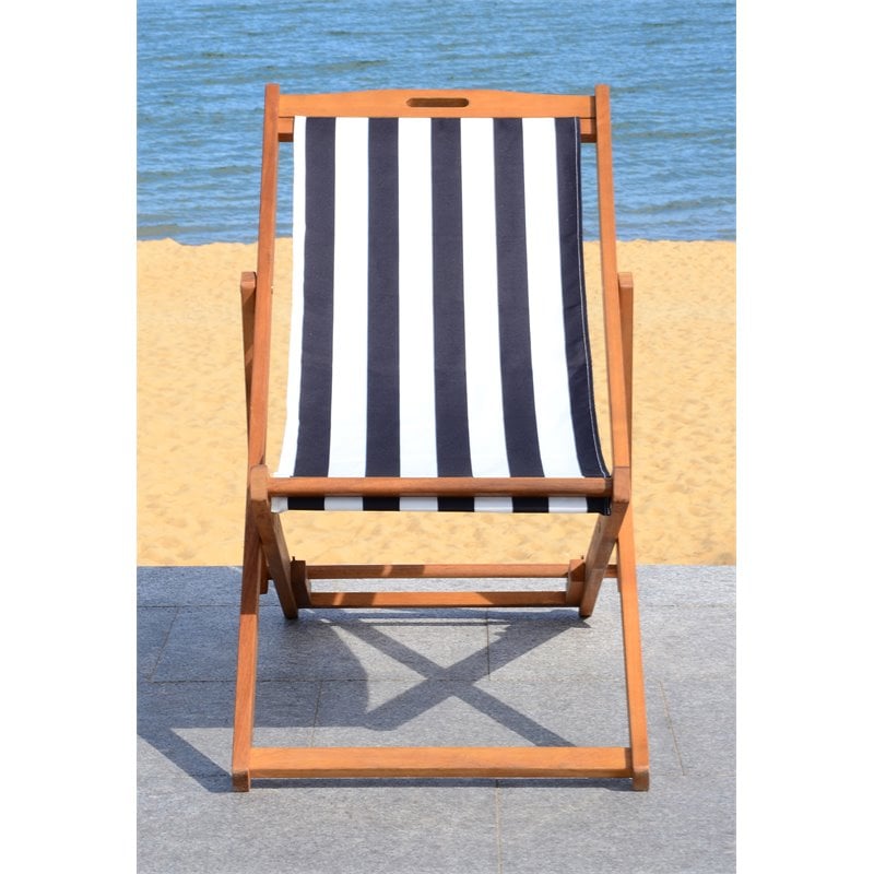 Pemberly Row Eucalyptus Wood Outdoor Sling Chair in Black/White (Set of 2)
