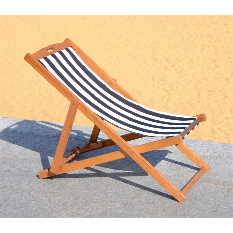 Pemberly Row Eucalyptus Wood Outdoor Sling Chair in Black/White (Set of 2)