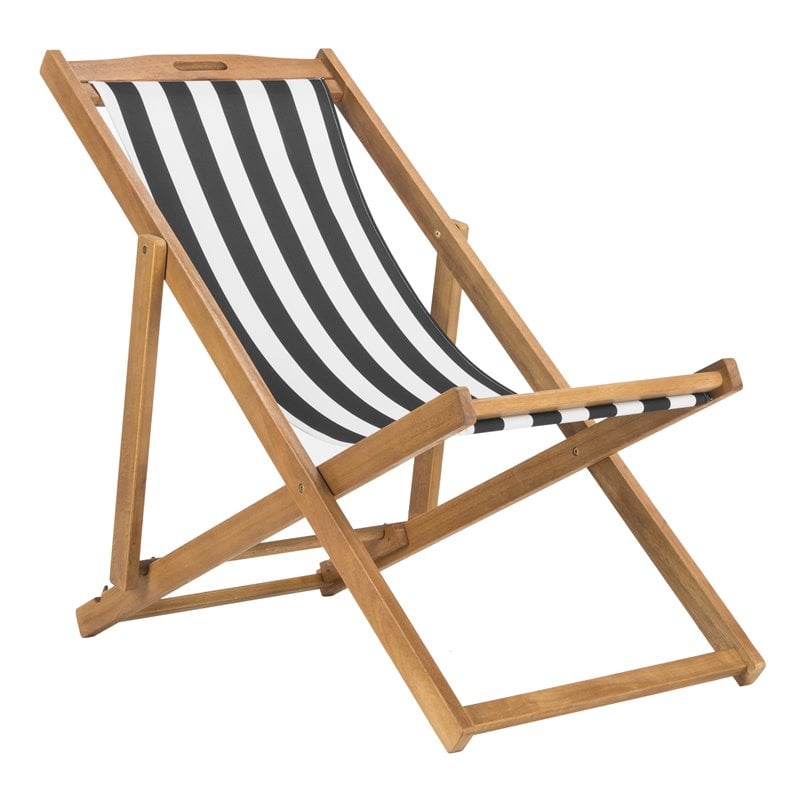 Pemberly Row Eucalyptus Wood Outdoor Sling Chair in Black/White (Set of 2)