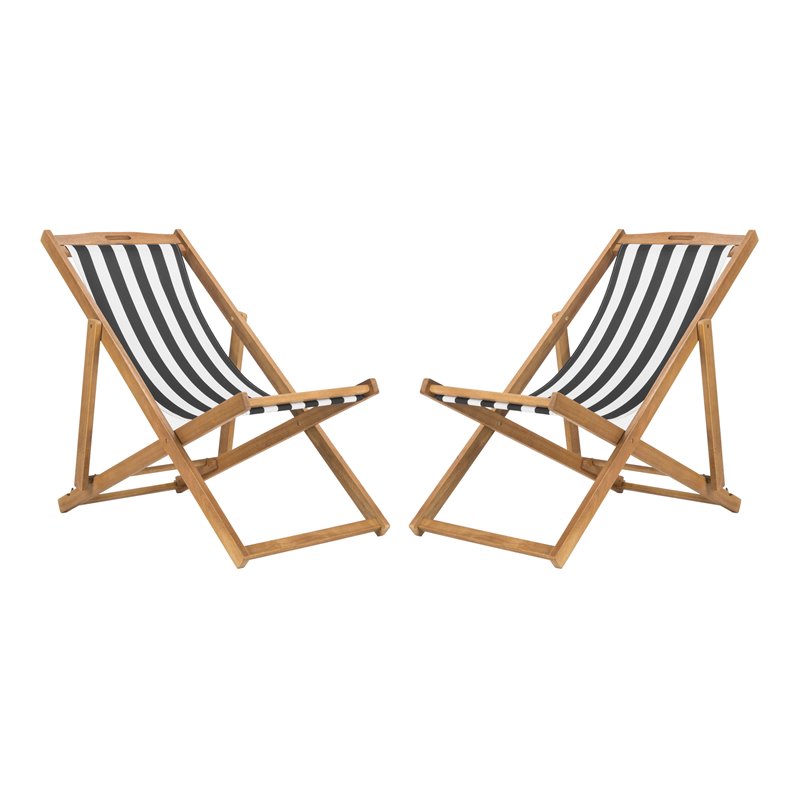Pemberly Row Eucalyptus Wood Outdoor Sling Chair in Black/White (Set of 2)