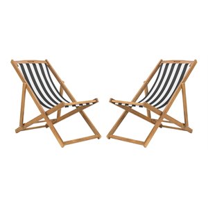 Pemberly Row Eucalyptus Wood Outdoor Sling Chair in Black/White (Set of 2)