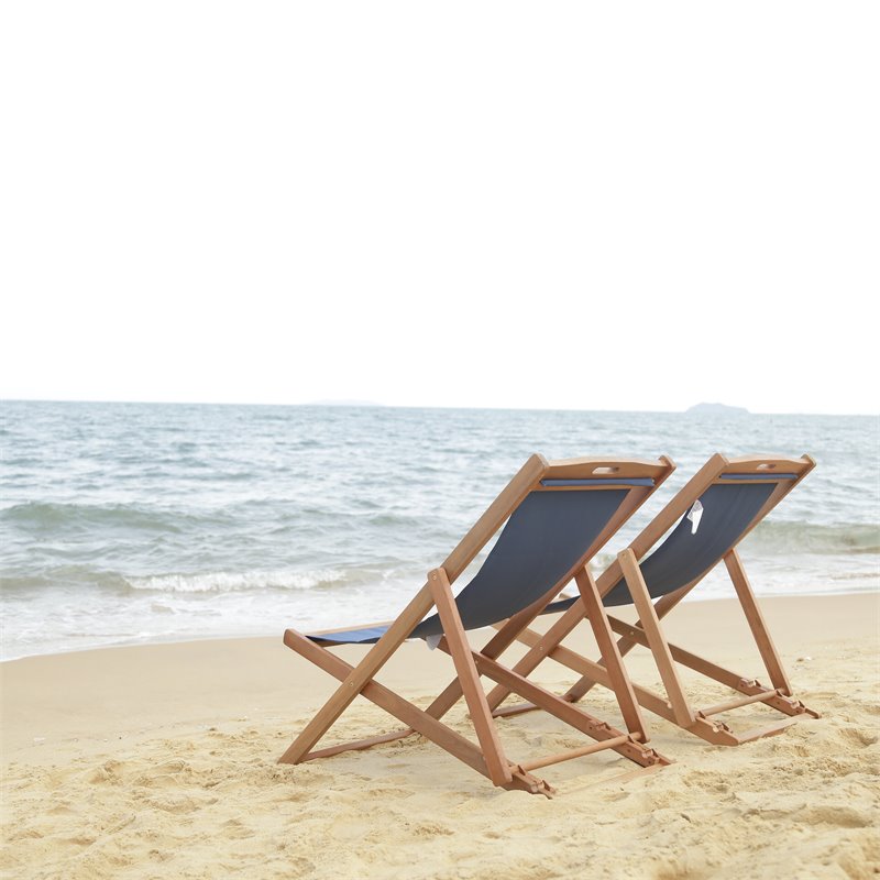 Pemberly Row Eucalyptus Wood/Polyester Sling Chair in Natural/Navy (Set of 2)