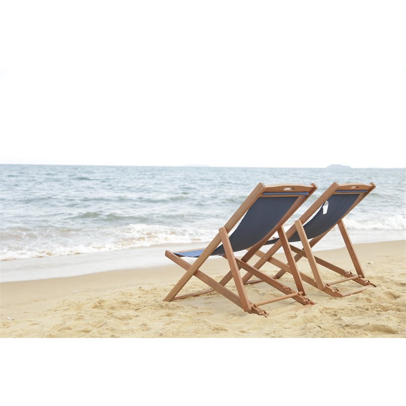 Pemberly Row Eucalyptus Wood/Polyester Sling Chair in Natural/Navy (Set of 2)