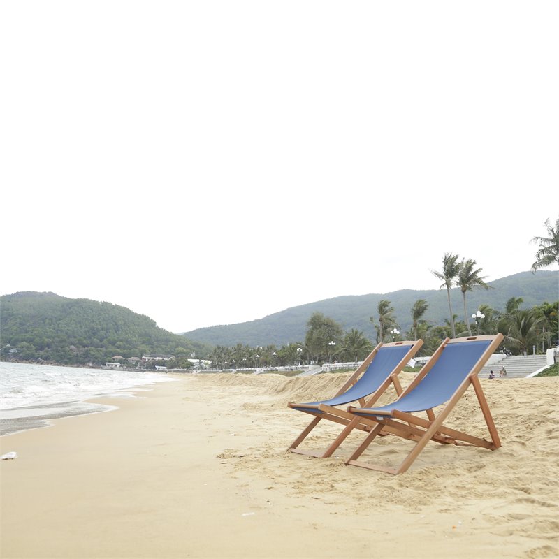 Pemberly Row Eucalyptus Wood/Polyester Sling Chair in Natural/Navy (Set of 2)