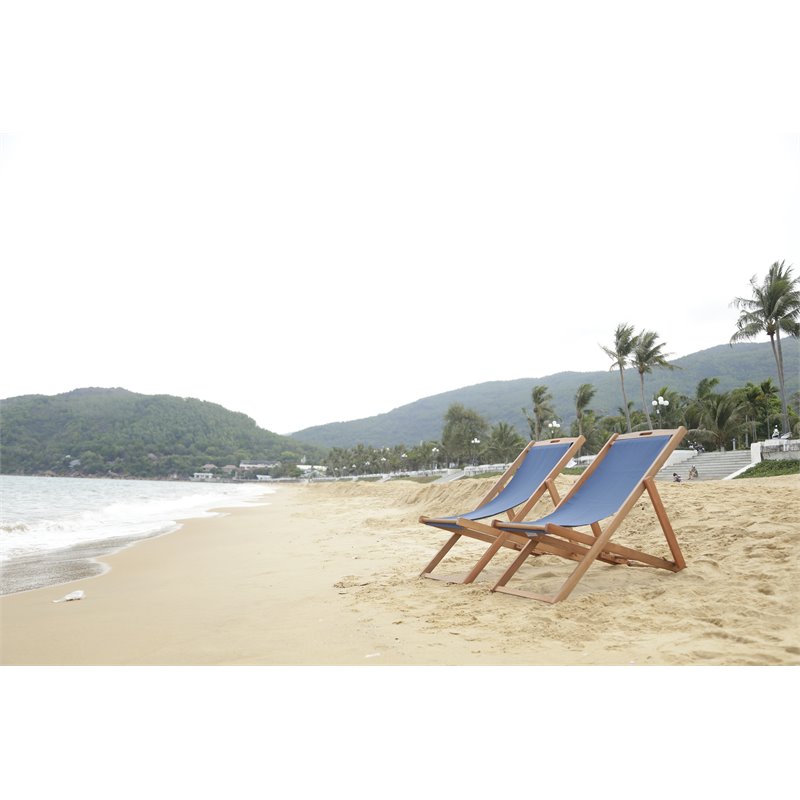 Pemberly Row Eucalyptus Wood/Polyester Sling Chair in Natural/Navy (Set of 2)