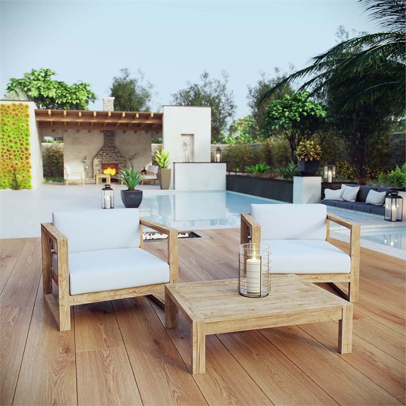 Pemberly Row 3-Piece Teak Wood Patio Set with Coffee Table in Natural/White