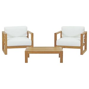 Pemberly Row 3-Piece Teak Wood Patio Set with Coffee Table in Natural/White