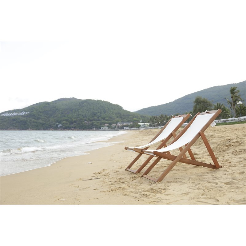 Pemberly Row Eucalyptus Wood/Polyester Sling Chair in Natural/Beige (Set of 2)